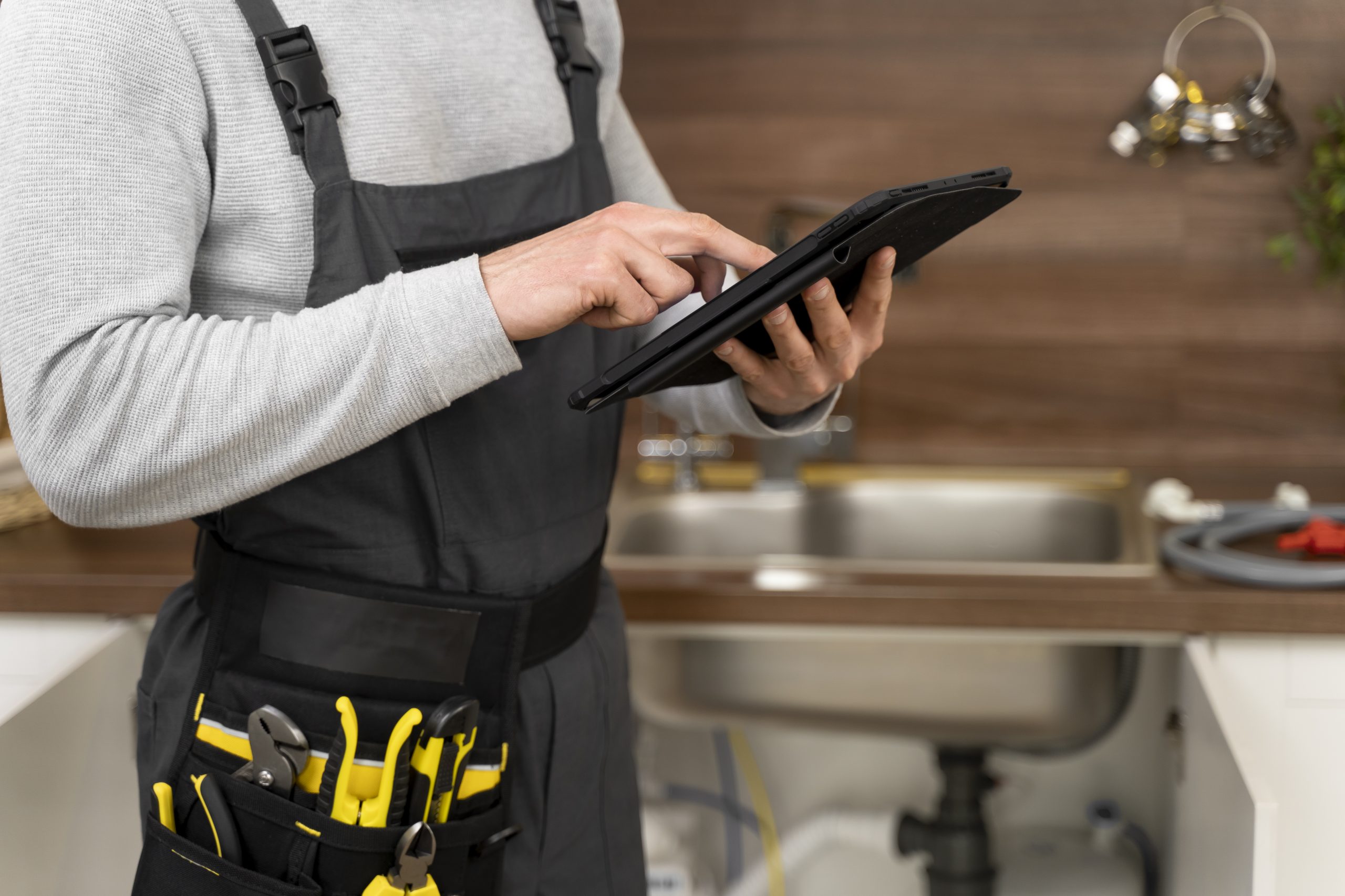Plumber using a tablet for winter plumbing inspection near a kitchen sink.